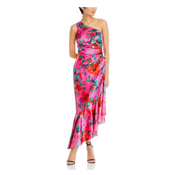 Eliza J Hot Pink Floral One Shoulder Ruffle Hi Lo A Line Dress Sz.10 NWT - Picture 2 of 16